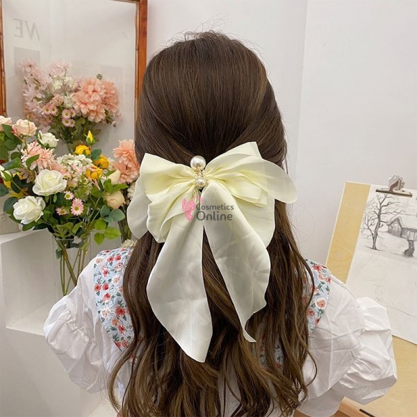Accesoriu pentru decor par cu Fundita din satin si clema metalica TRD043CC Vanilla cu perlute XXL